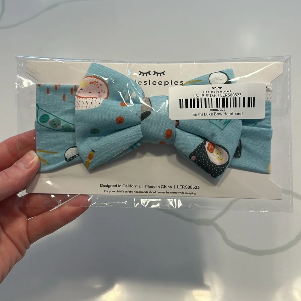 NWT little sleepies blue sushi print luxe bow headband fits size newborn - 3T